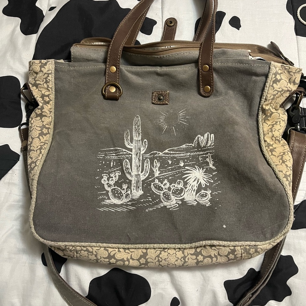 Myra Bag Gray Canvas Satchel with Beige Floral Trim